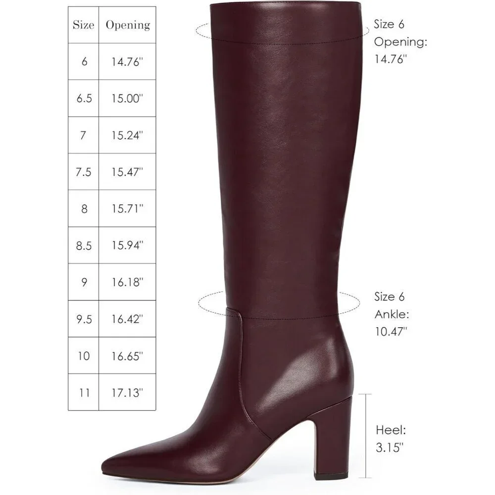 Women Burgundy Chunky Heel Pointed Toe Side Zipper Fall Dressy Comfortable Boots
